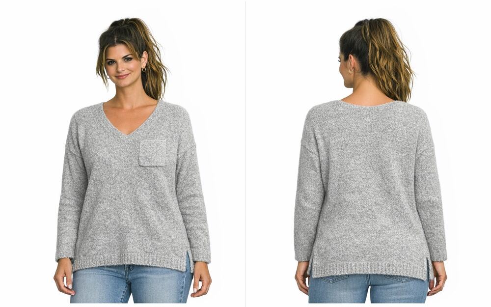 Marleylilly Womens One Size Gray Fuzzy Boucle Knit Cozy Top Slit Hem Pocket EUC
